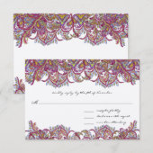 Vintage Paisley Raspberry Feathers RSVP Kaartje (Voorkant / Achterkant)