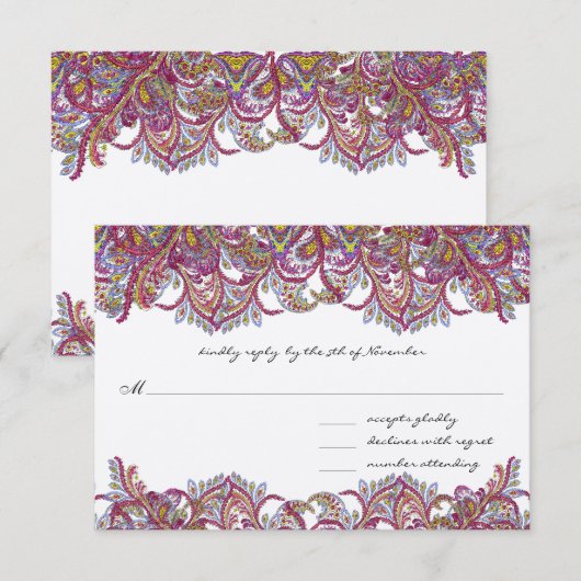 Vintage Paisley Raspberry Feathers RSVP Kaartje (Voorkant / Achterkant)