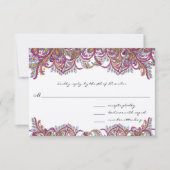 Vintage Paisley Raspberry Feathers RSVP Kaartje (Voorkant)