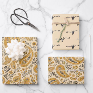 Vintage paisley-verpakkings papier plat vel set va