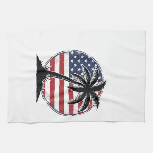 Vintage Palmboom Amerikaanse Vlag Zomer T-shirt_1 Theedoek