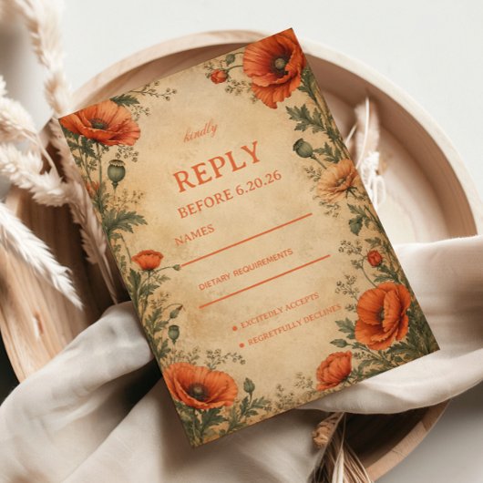 Vintage Papaver Botanisch RSVP Kaartje