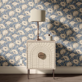 Vintage Papaver in crèmeslateblauw beige grijs  Behang