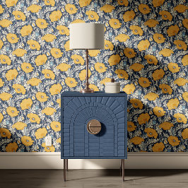 Vintage Papaver in geel crème beige marineblauw Behang
