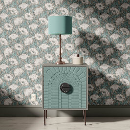 Vintage Papaver in Hemelblauw Grijs  Behang