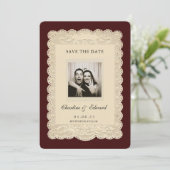 Vintage Paper Lace Burgundy Save the Date (Staand voorkant)