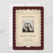Vintage Paper Lace Burgundy Save the Date (Voorkant)