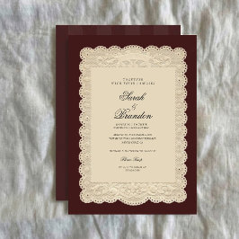 Vintage Paper Lace Burgundy Wedding Invitation Kaart