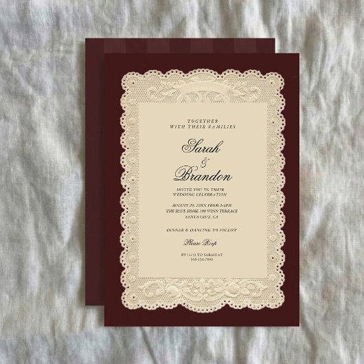 Vintage Paper Lace Burgundy Wedding Invitation Kaart