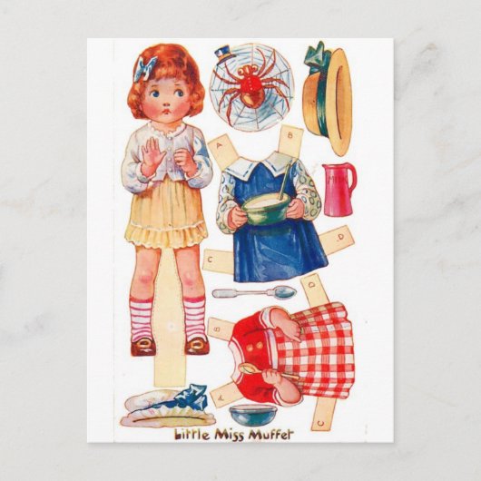 Vintage Paperdoll Miss Muffet briefkaart (Voorkant)