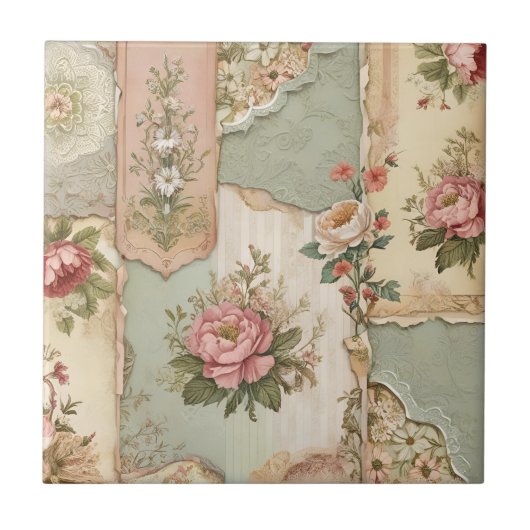Vintage Papier en Bloemen Tegeltje (Voorkant)