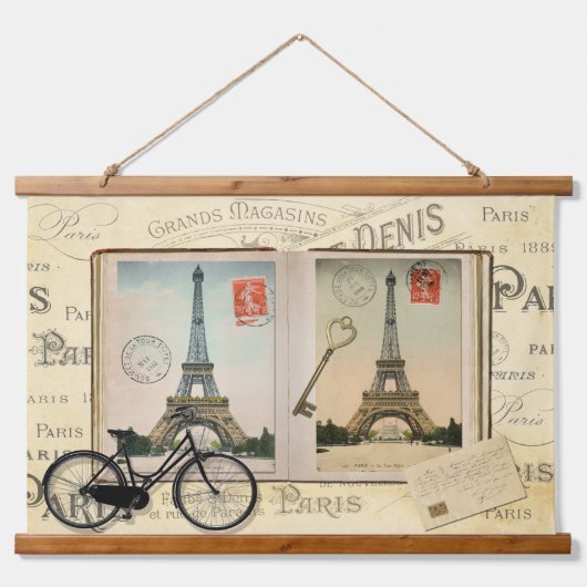 Vintage Parijs Eiffeltoren en fiets Hangend Wandkleed (Voorkant)