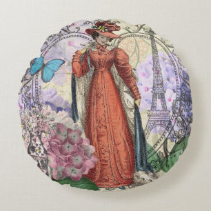 Vintage Paris Eiffeltoren Collage Romantisch Frans Rond Kussen