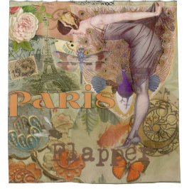 Vintage Paris Flapper Art Deco Pauw Collage Douchegordijn
