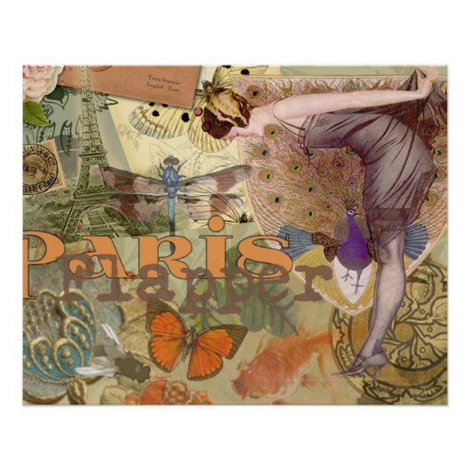 Vintage Paris Flapper Art Deco Pauw Collage Poster (Voorkant)