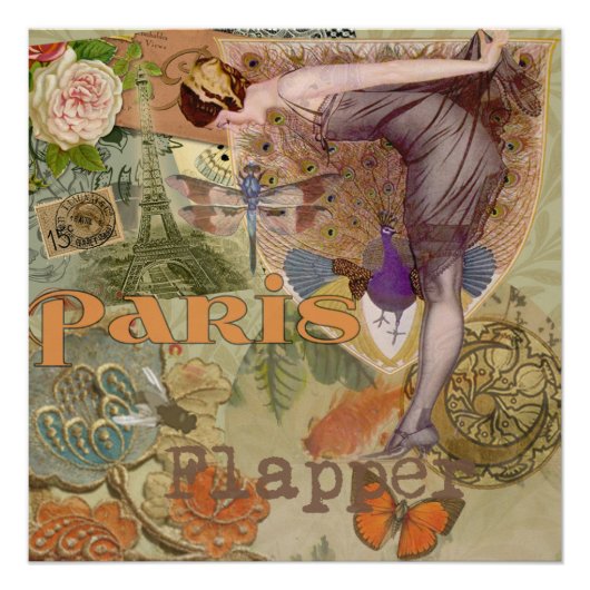Vintage Paris Flapper Art Deco Pauw Collage Poster (Voorkant)