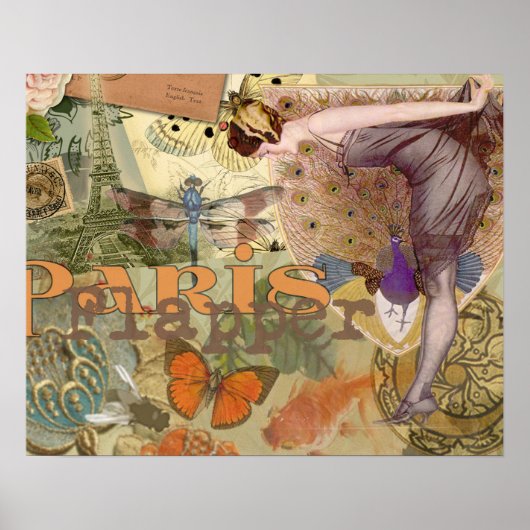 Vintage Paris Flapper Art Deco Pauw Collage Poster (Voorkant)