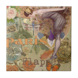 Vintage Paris Flapper Art Deco Pauw Collage Tegeltje