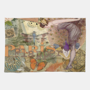 Vintage Paris Flapper Art Deco Pauw Collage Theedoek