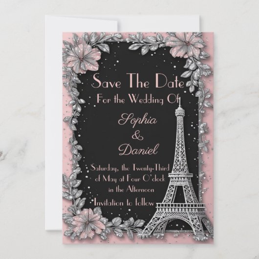 Vintage Paris Roze Roze Zilver Save The Date  (Voorkant)