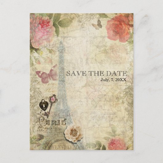 Vintage Paris Roze Rozen Trouwen SAVE THE DATE Aankondigingskaart (Voorkant)