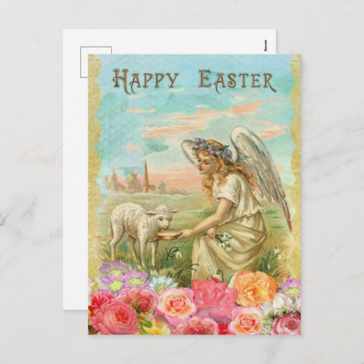 Vintage Pasen. Engel en Lam Feestdagenkaart (Voorkant / Achterkant)