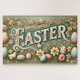 Vintage Pasen-prentbriefkaart met Sierlijk Bloemmo Legpuzzel