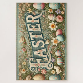 Vintage Pasen-prentbriefkaart met Sierlijk Bloemmo Legpuzzel