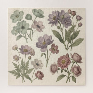 Vintage Pastel Anemonen Rozen Zachte Botanische Legpuzzel