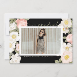 Vintage Pastel Bloemen Zwarte Foto Afstuderen Aankondiging