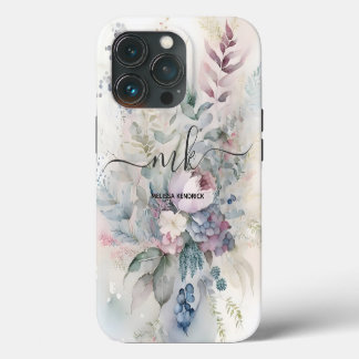 Vintage Pastel Botanische Bloemen Monogramnaam iPhone 13 Pro Hoesje