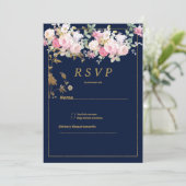 Vintage pastel flowers gold navy blue RSVP Kaart (Staand voorkant)