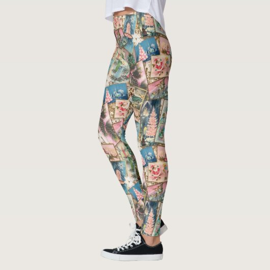 Vintage Pastel Kerstkaart Collage Leggings (Links)
