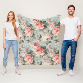 Vintage Pastel Roze Mint Bloemmotief Fleece Deken