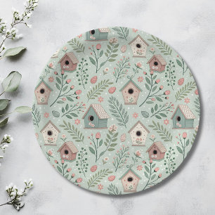 Vintage Pastel Vogelhuisjes met Bloeiende Bloemen Papieren Bordje