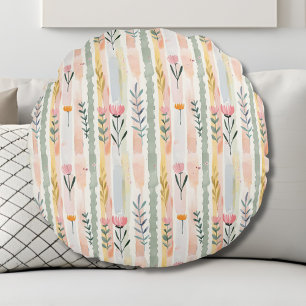 Vintage Pastel Waterverf Bloemstrepen Rond Kussen