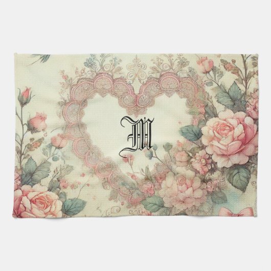 Vintage Pastel Waterverf Boho Bloemhartjes Theedoek (Horizontaal)