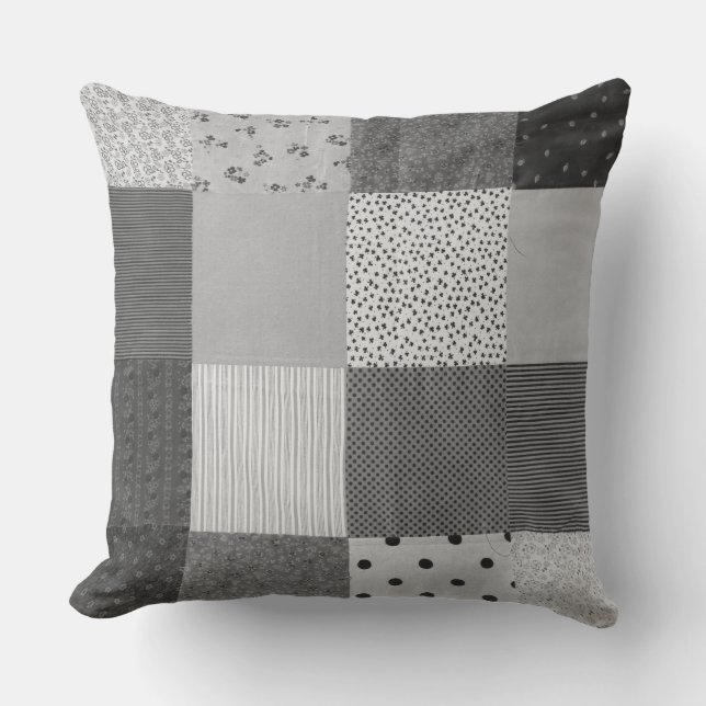 vintage patchwork stofontwerp zwart en wit kussen (Voorkant)