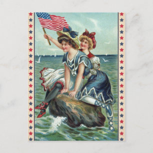 Vintage Patriotic Beach Women Postcard Briefkaart