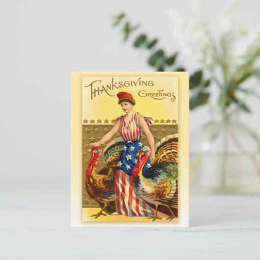 Vintage Patriotic Thanksgiving - Lady Liberty Feestdagenkaart (Staand voorkant)