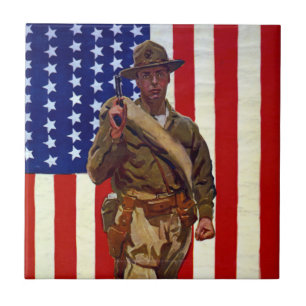 Vintage patriotische soldaat met Amerikaanse vlag Tegeltje