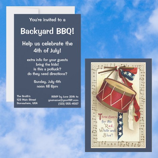 Vintage Patriottisch, Muzikale Trommels BBQ Uitnod Kaart