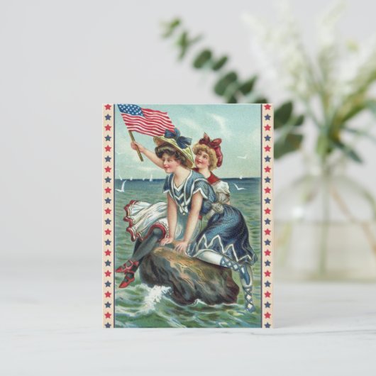 Vintage Patriottisch Strand Vrouwen Ansichtkaart Briefkaart (Staand voorkant)
