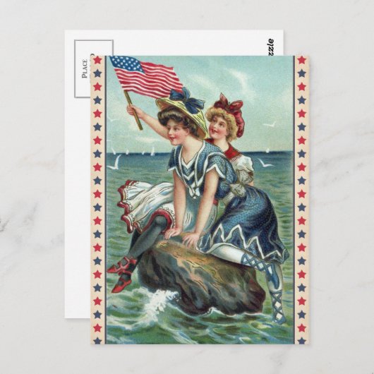Vintage Patriottisch Strand Vrouwen Ansichtkaart Briefkaart (Voorkant / Achterkant)