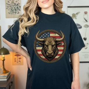 Vintage Patriottische Cowboy Stier Amerikaanse Vla T-shirt