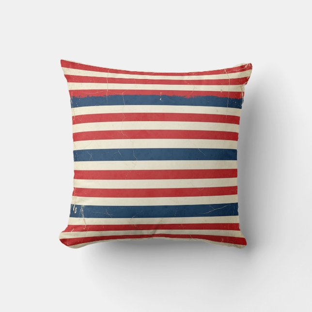 Vintage Patriottische Rode Witte Blauwe Strepen Kussen (Voorkant)