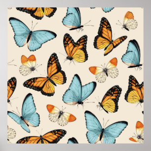 Vintage pattern with high detailed tropic butterfl poster