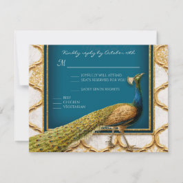 Vintage Pauwblauw en gouden elegante RSVP-reactie RSVP Kaartje