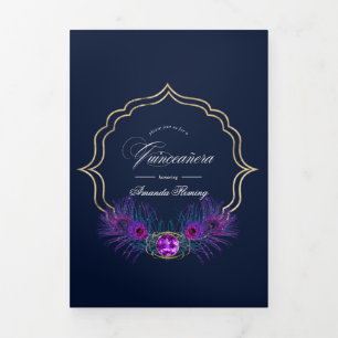 Vintage Pauwbloem Bloemige Quinceañera Foto Tri-Fo Drieluik Uitnodiging