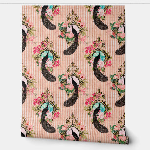 Vintage pauwbloem gestreepte roze blauwe zwarte go behang